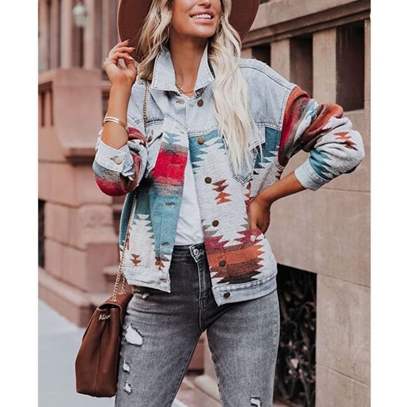 Multicolor‎ Aztec Tribal Print Button Down Denim Jean Jacket Coat Shacket - Picture 2 of 7